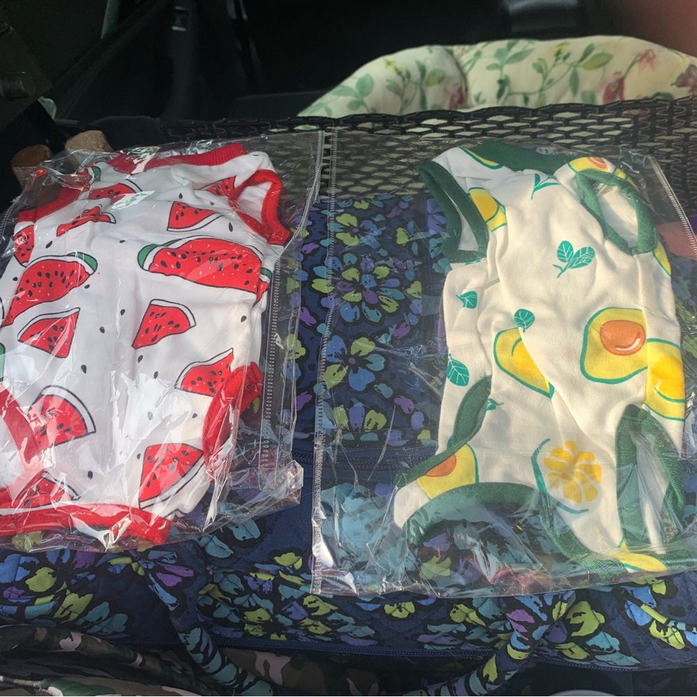 Two small pet onesies for surgery